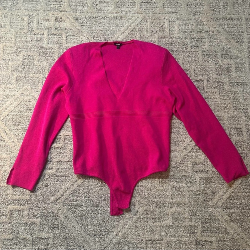 Express Hot Pink Long Sleeve Sweater Bodysuit With Shoulder Pads Size XL